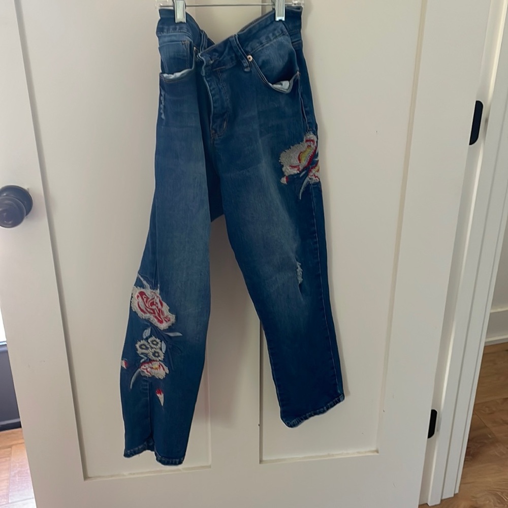 Blue denim, jeans, butterfly stitch, flower stitched